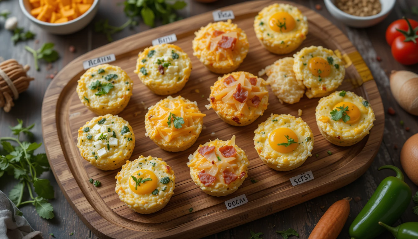Assorted egg bites with labeled flavors on a wooden platter